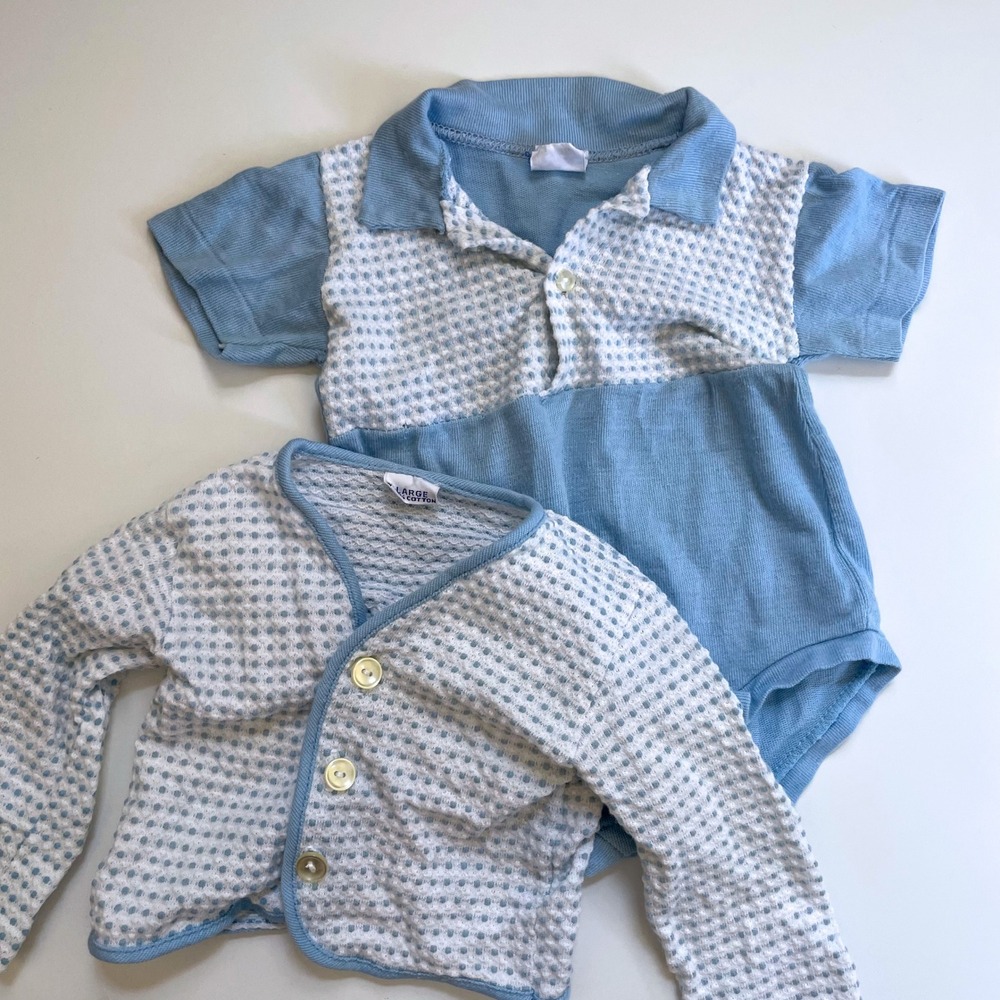 Vintage Blue Waffle Knit Romper Cardigan Set Baby 12-18 Mo Cotton 60s Preppy